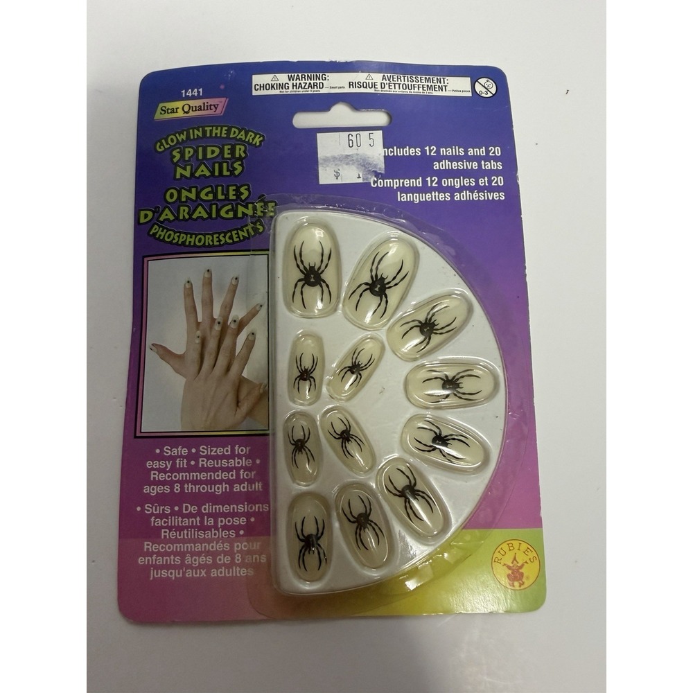 Rubie's Glow In The Dark Spider Print Designer Costume Nails Reusable NEW H-1